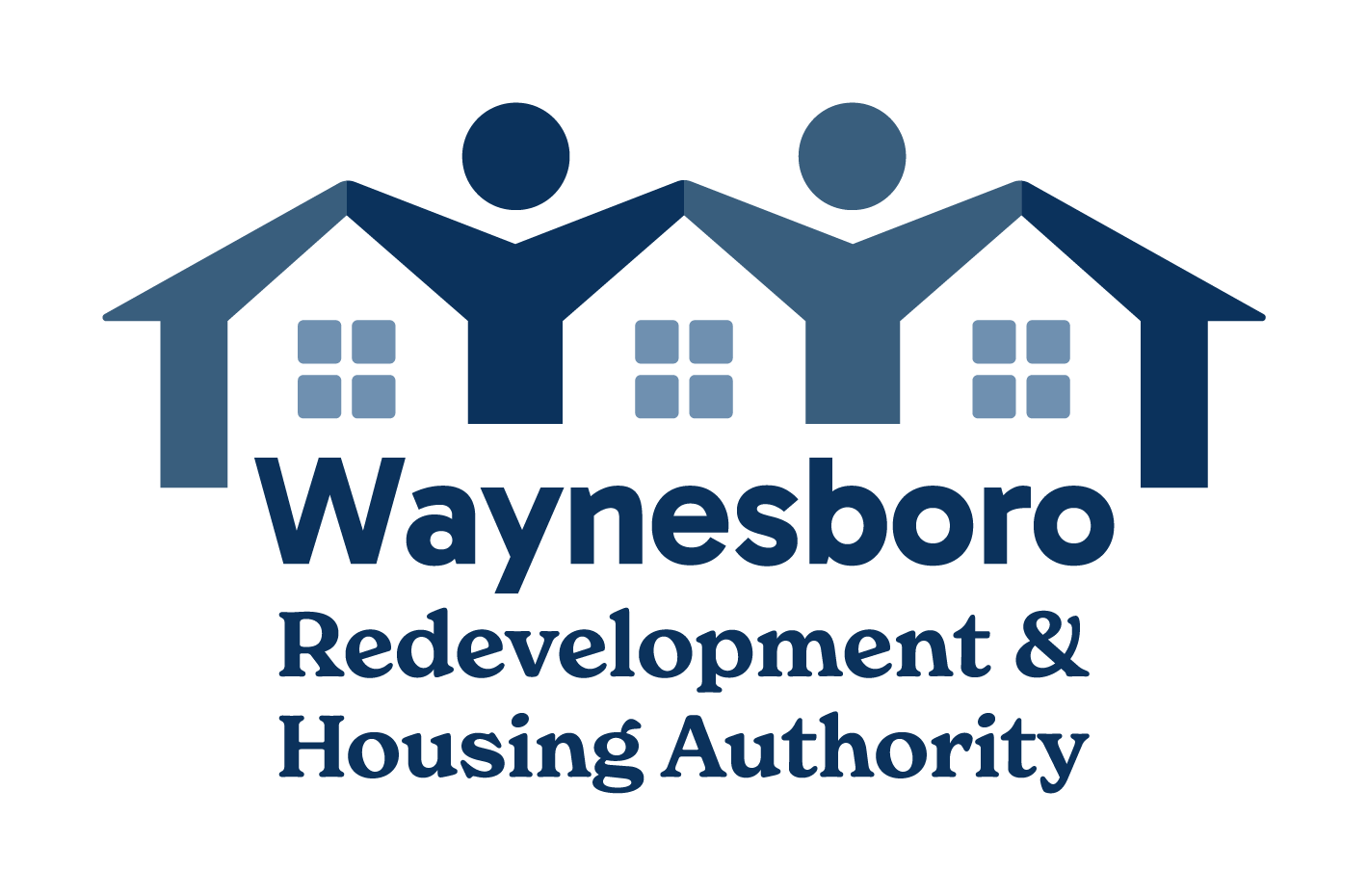Logo for Waynesboro Redevelopment & Housing Authority featuring three houses with two windows each and two stylized human figures above, in shades of blue.
