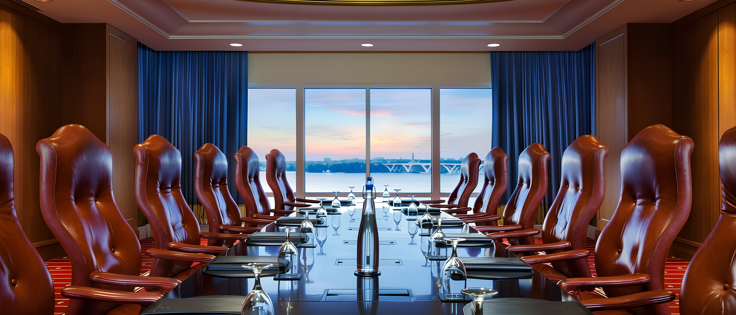 A large conference room with high-back leather chairs around a long, polished table. Large windows show a water view with a bridge and city skyline at sunset. Blue curtains frame the windows.