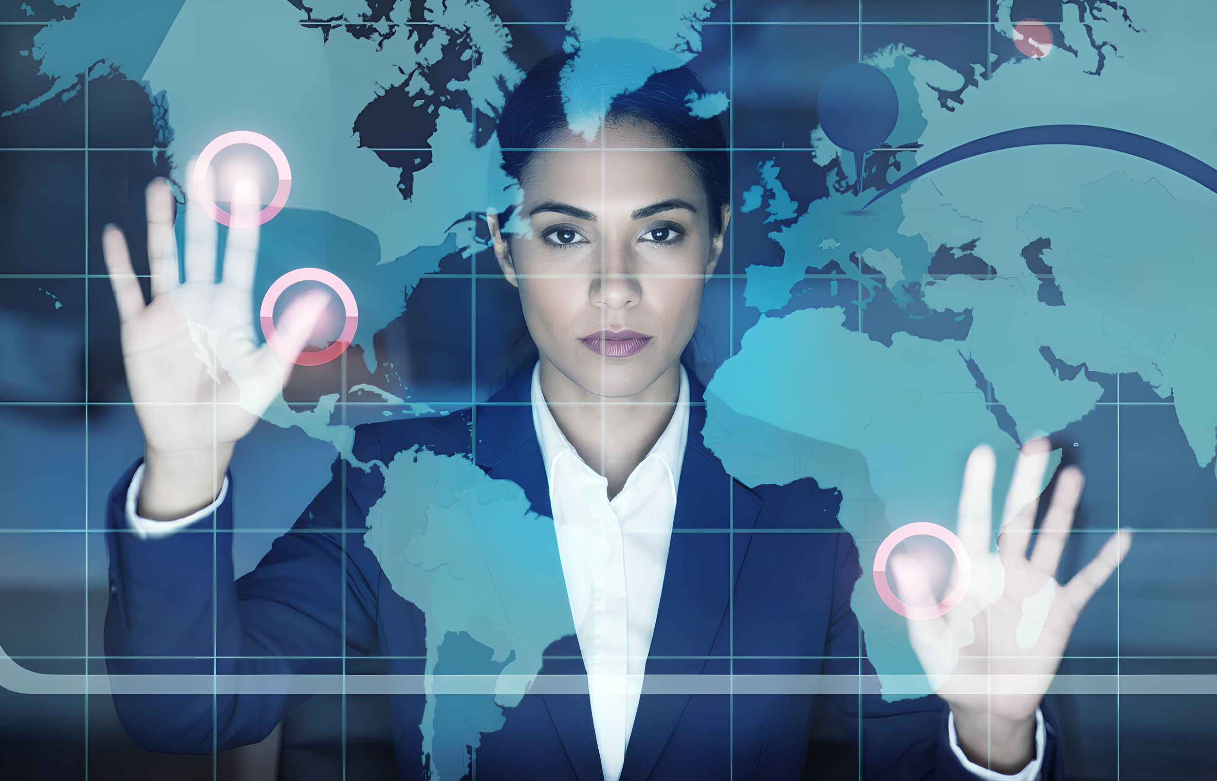 A woman in business attire using a transparent touchscreen to interact with a digital world map projected in front of her.
