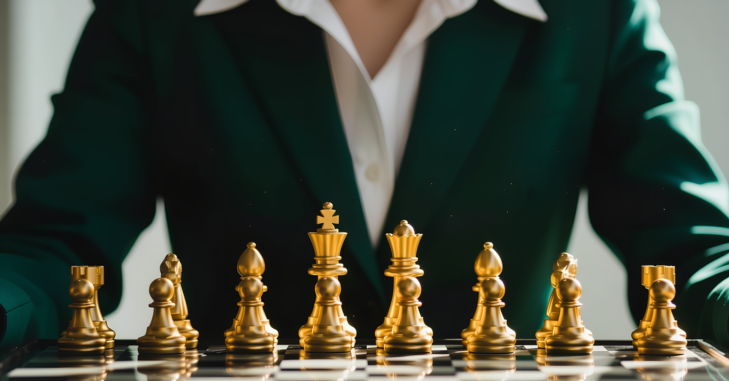 Close-up of a chessboard with shiny gold chess pieces, including pawns, a king, and a queen, in front of a person in a dark green suit and white shirt.