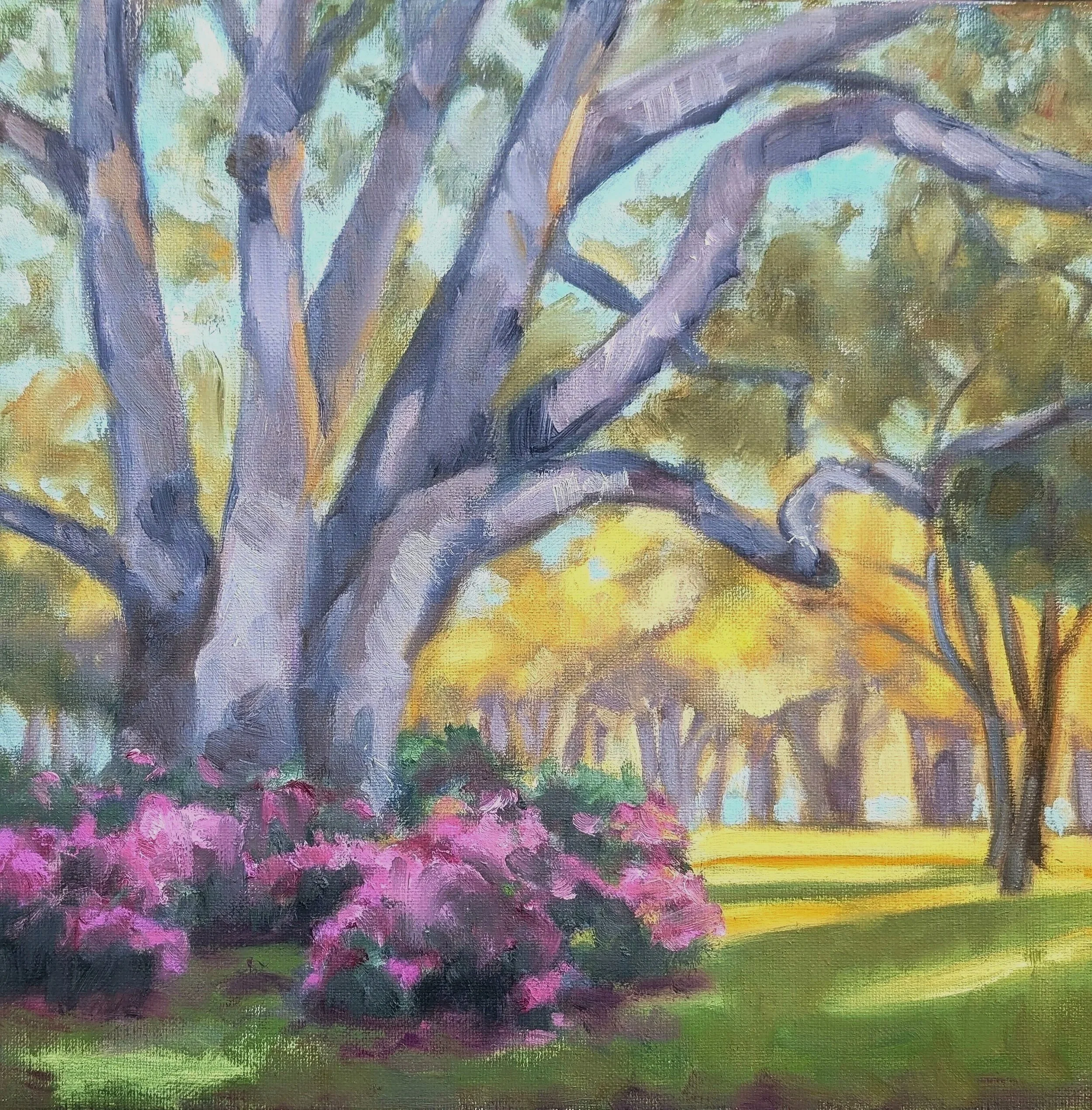 Azaleas and Oak  12" x 12"  Oil on Canvas