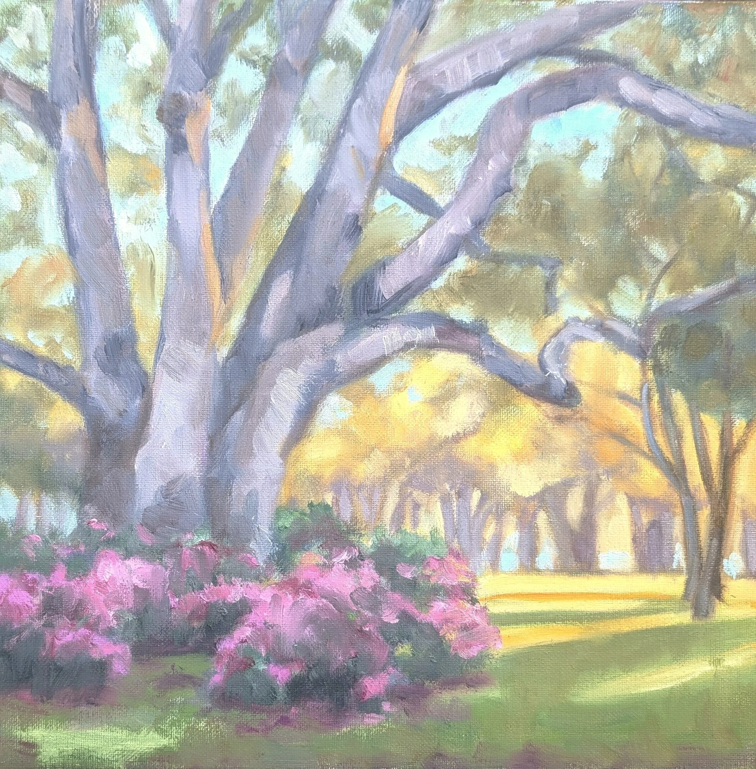 Azaleas and Oak  12" x 12"  Oil on Canvas