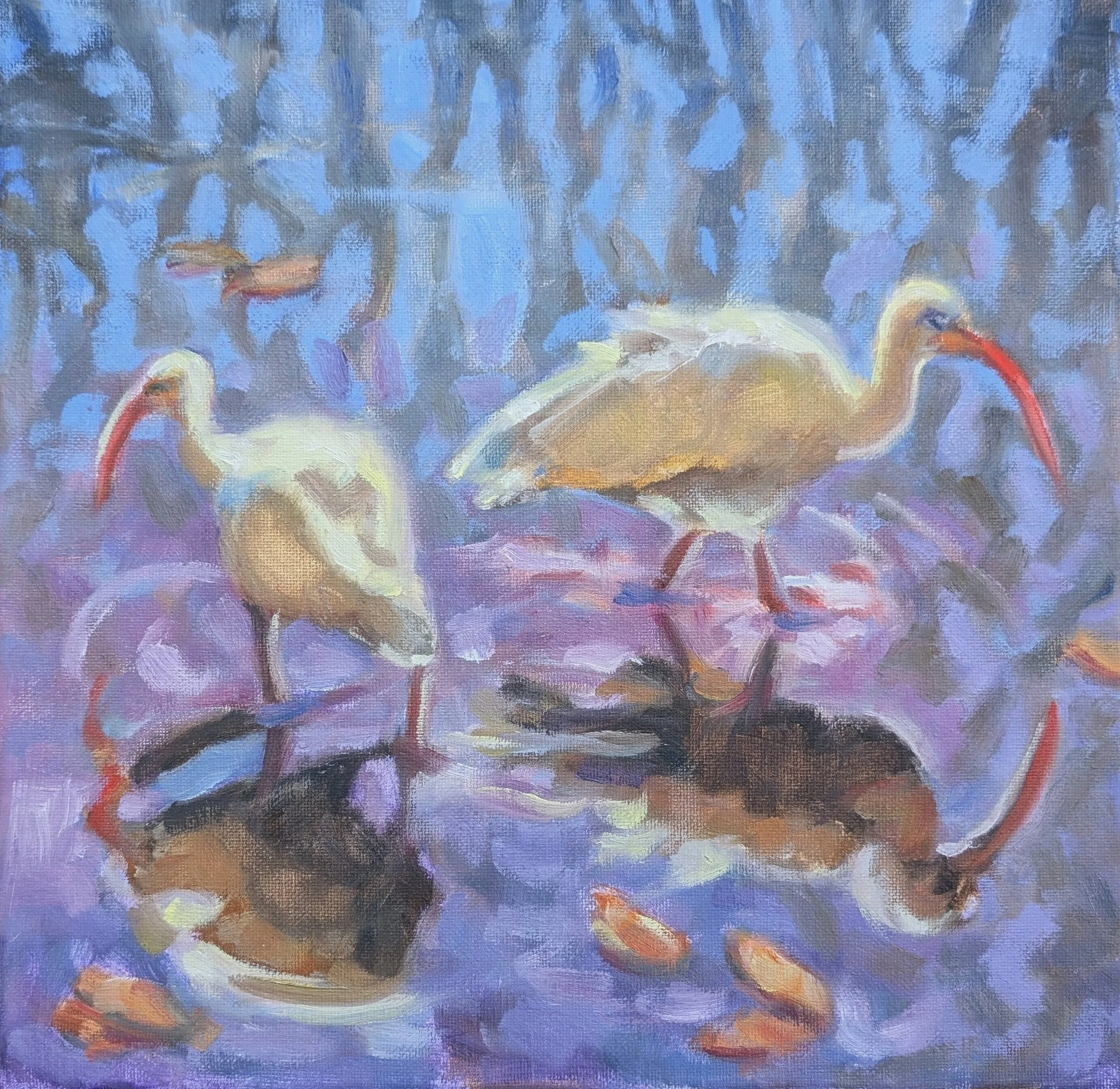 Two Egrets  12 " x 12"  OIl on Canvas