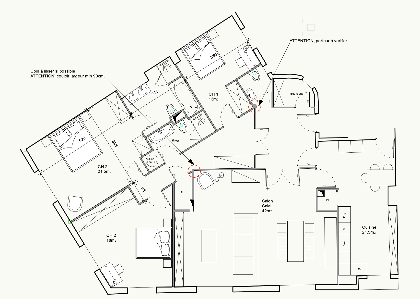 Plan d'un appartement avec plusieurs pièces, chambres, salle de séjour, cuisine, salles de bain et annotations en français