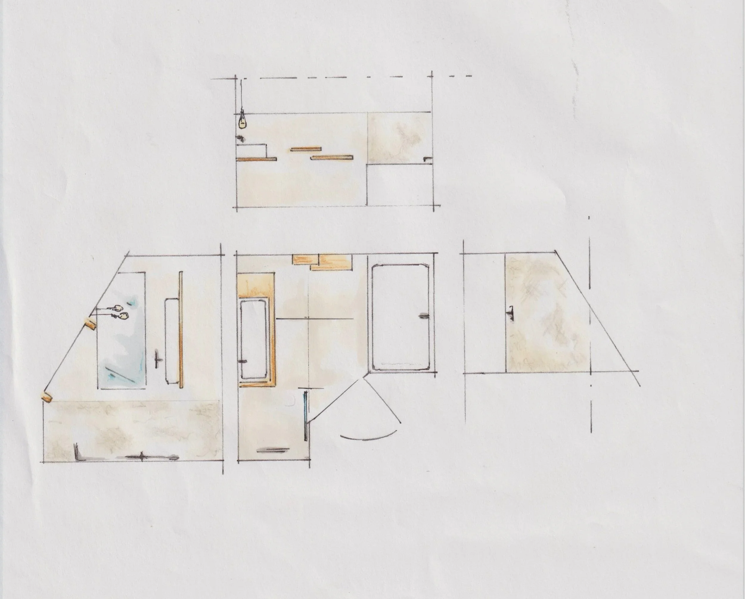 Plan d'une salle de bain avec différentes vues et détails du mobilier et des équipements.