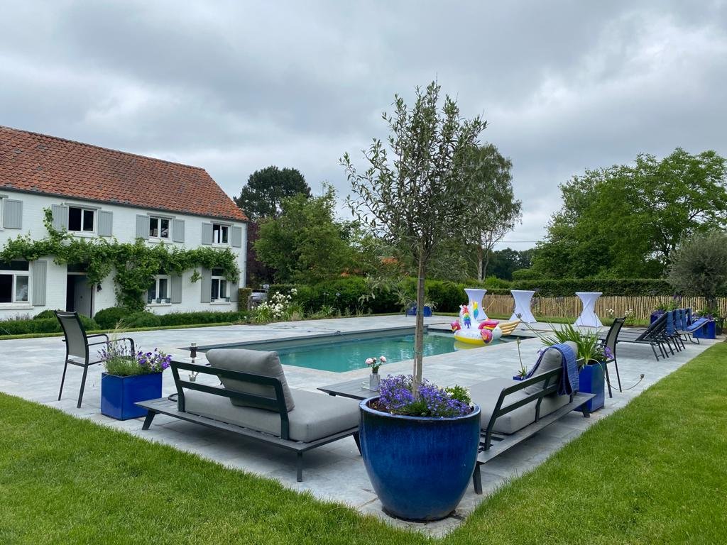 Cacher dans un jardin avec une piscine, des chaises longues, des parasols, des plantes en pot bleus et un cheval en plastique flotteur pour piscine. Arbres et maison en arrière-plan.