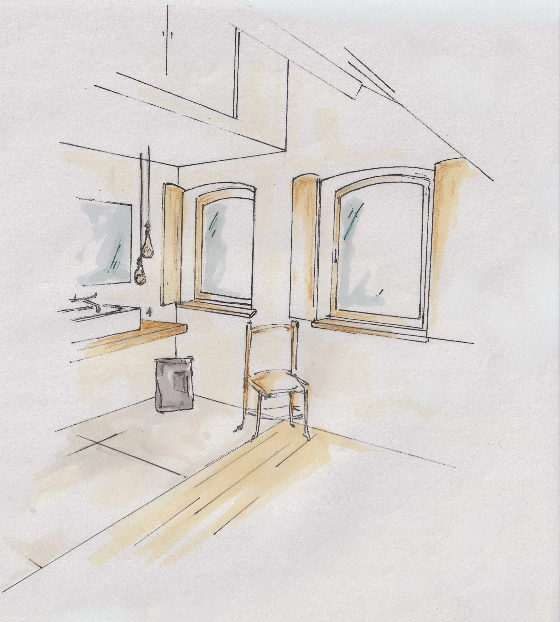 Dessin d'une cuisine avec deux fenêtres, un évier, une chaise, un luminaire suspendu, et des murs lumineux, style esquisse aquarellée.