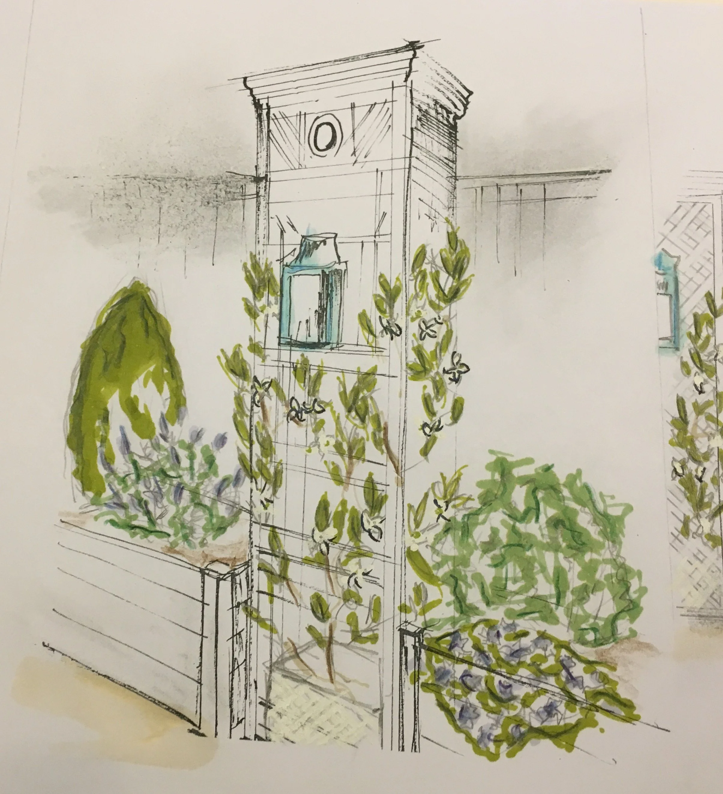 Dessin d'une maison avec des volets bleus, entourée de plantes vertes et de buissons, en style artistique esquissé.