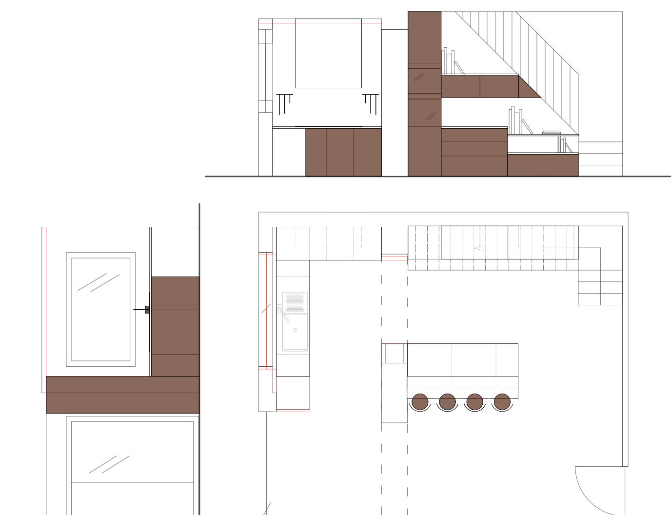 Plan et élévation d'une cuisine moderne avec des armoires en bois, un îlot central avec des sièges, et un espace de rangement intégré.