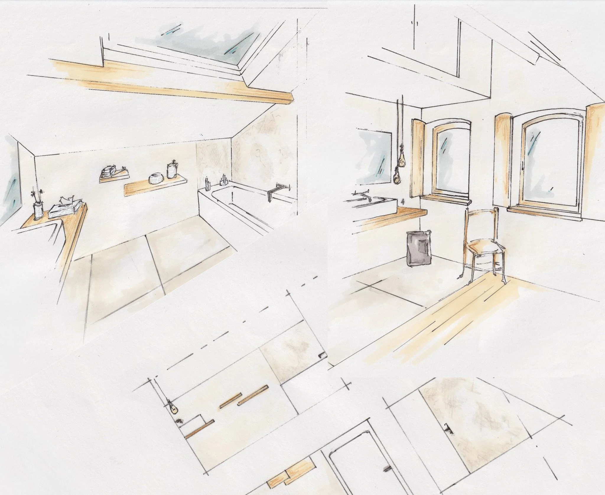 Dessins d'une conception intérieur de salle de bain et cuisine, avec plans et esquisses à lignes légères et détails en couleurs neutres.