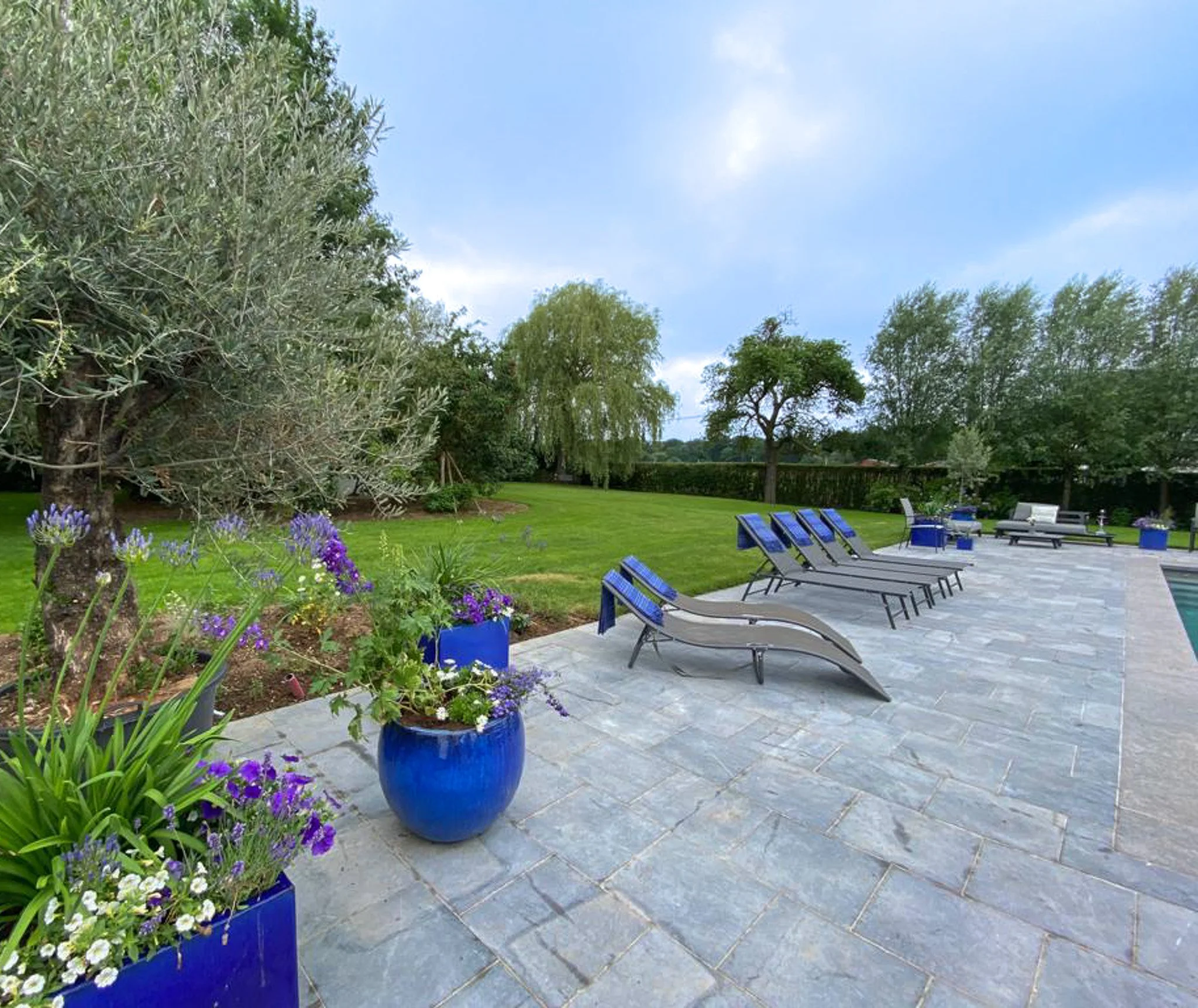 Une terrasse en pierre avec des chaises longues bleues et grises, entourée de pots de fleurs bleus avec des plantes colorées, un jardin verdoyant avec des arbres, et un ciel nuageux en arrière-plan.