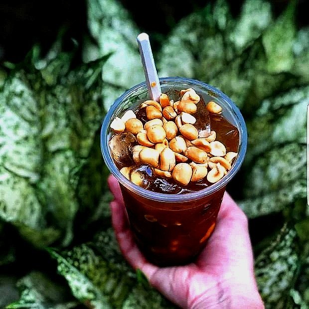 A hand holding a glass of iced tea with whole chickpeas on top and a straw, with large green leafy plants in the background.