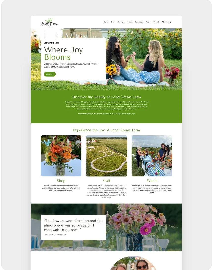 Screenshot of a website homepage for Local Stems Farm, featuring images of flowers, people at a farm, and various flower arrangements. The site promotes flower varieties, bouquets, private events, and the farm experience.