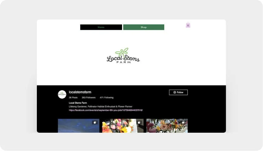 Screenshot of a Facebook page for Local Stems Farm, a flower farm and gardener. The page includes the farm's logo featuring a green leaf and text, as well as landscape images of flowers.