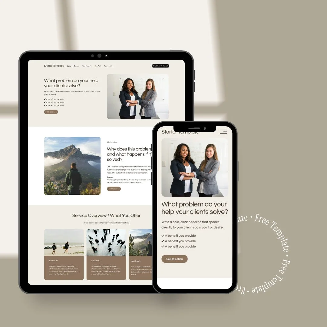 A website displayed on a tablet and smartphone showing a professional help or coaching service. The website features a photo of two women smiling with arms crossed, and sections of text about solving clients' problems and service options.
