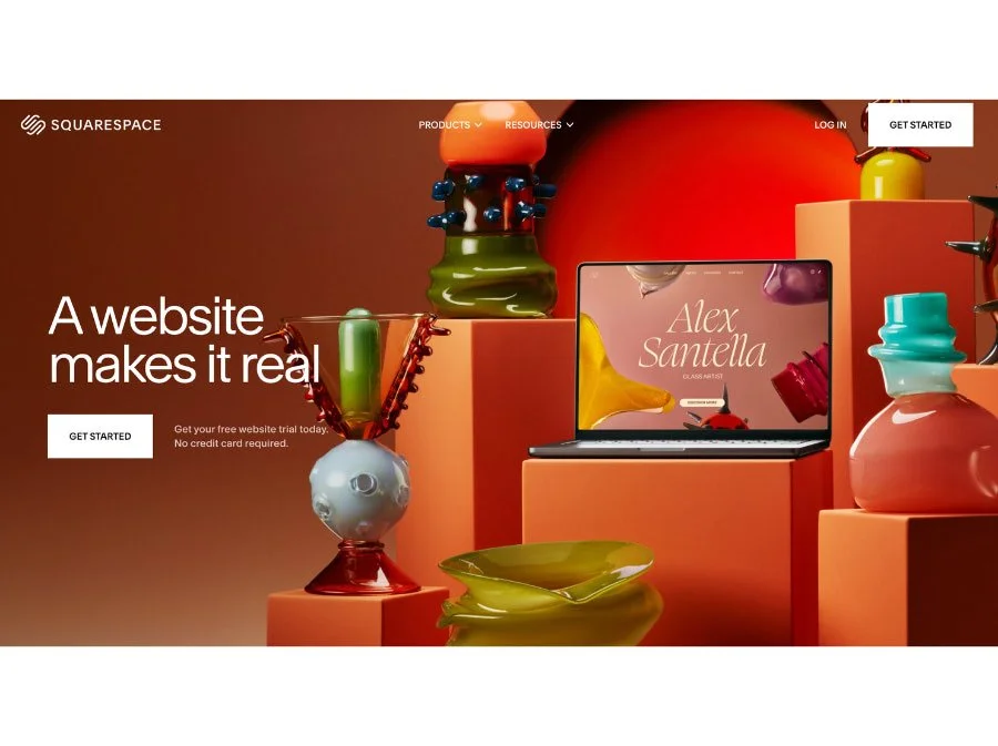 Screenshot of a website homepage with colorful glass art pieces and a laptop displaying 'Alex Santella'. The website is Squarespace with a 'Get Started' button and a main slogan 'A website makes it real'.