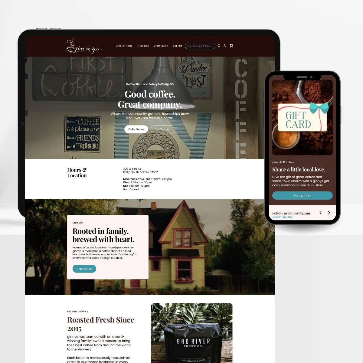 Website homepage for Ginny's Coffee House showing outdoor storefront, coffee shop interior, and a mobile gift card promotion.