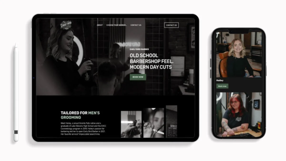 Images of a barbershop website on a tablet and smartphone, showing hairstyling services and photos of women customers.