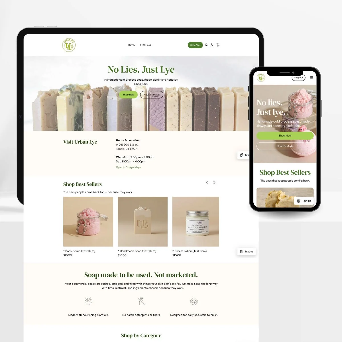 Screenshot of a soap shop website displayed on a tablet and smartphone, featuring various handmade soaps, soap products, and information about the store.
