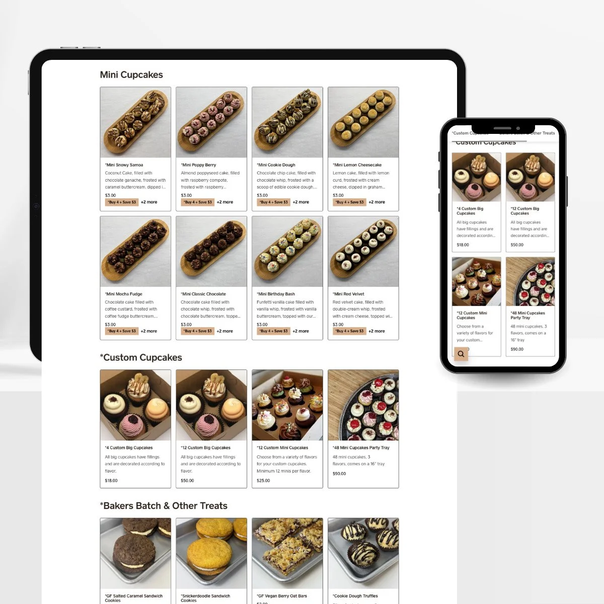 A digital menu displaying various mini cupcakes, including flavors like Snowy Samoa, Poppy Berry, Cookie Dough, Lemon Cheesecake, Mocha Fudge, Classic Chocolate, Birthday Bash, and Red Velvet, with prices ranging from $3 to $50 for custom designs and a tray.
