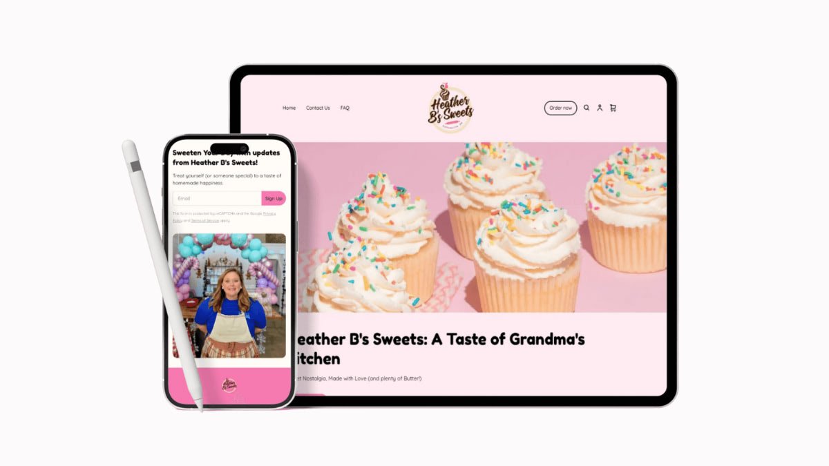 A digital display and smartphone showing a bakery website called Heather B's Sweets with images of cupcakes and a woman in a bakery setting.