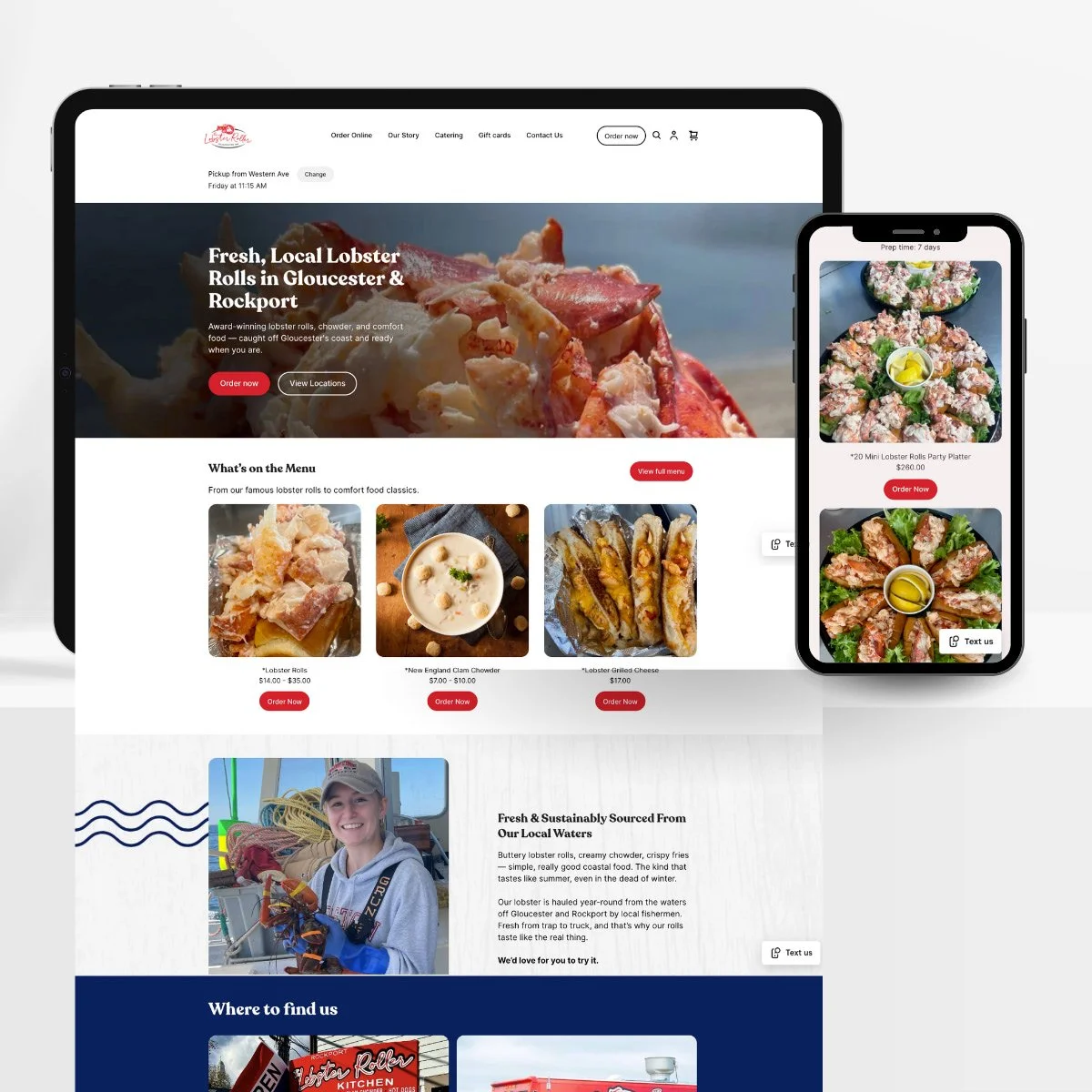 Website displaying lobster dishes on desktop and mobile screens, with images of lobster rolls and a person on a boat.