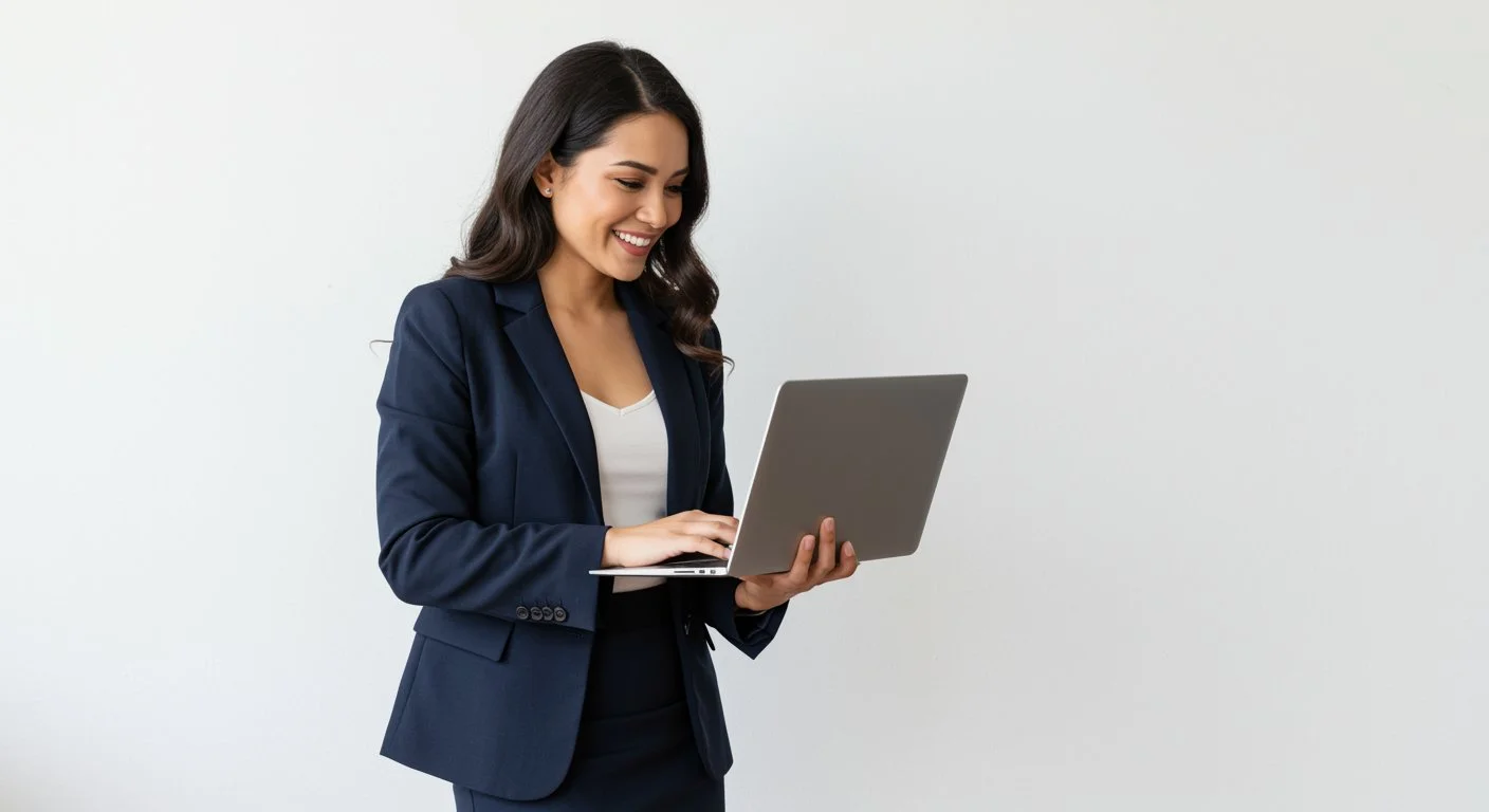 A woman with long dark hair, wearing a navy blazer and white top, is smiling while working on a silver laptop against a plain white wall.