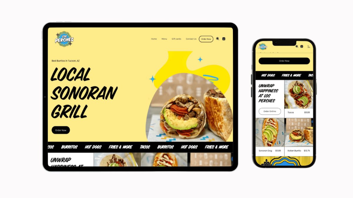 A tablet and smartphone displaying the homepage of a website for Los Perches, a Sonoran grill restaurant, with images of burritos and tacos, and bright yellow background.