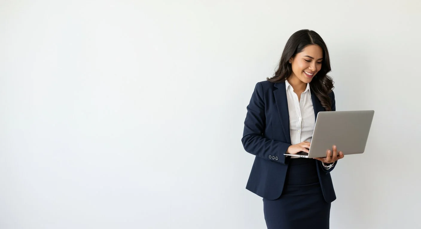 A woman in a navy blazer and skirt using a laptop against a plain white background.