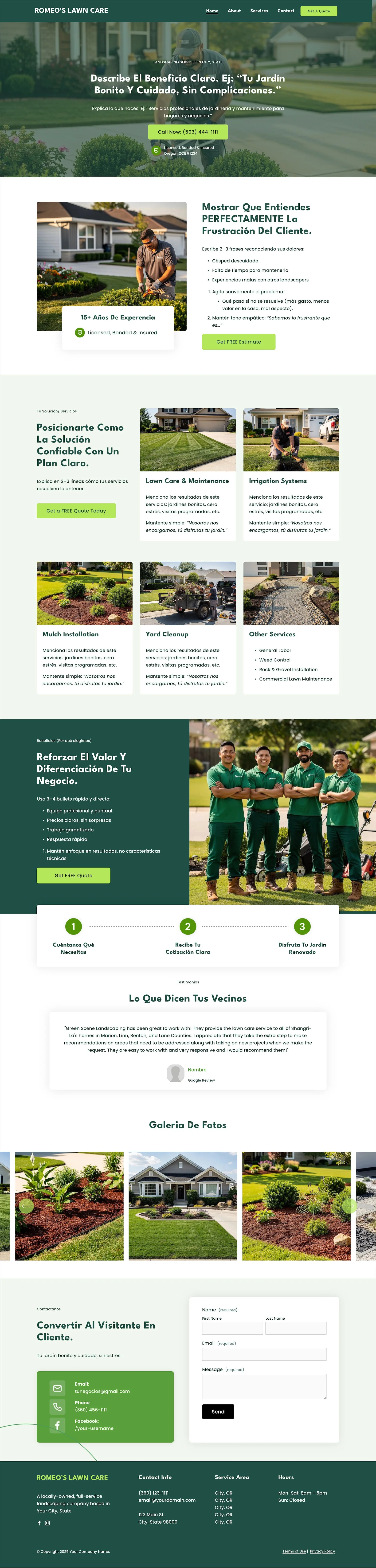 Website homepage for Squarespace Lawn Care Template featuring lawn maintenance services, irrigation systems, mulch installation, yard cleanup, and other services with contact information and a photo of three lawn care workers.