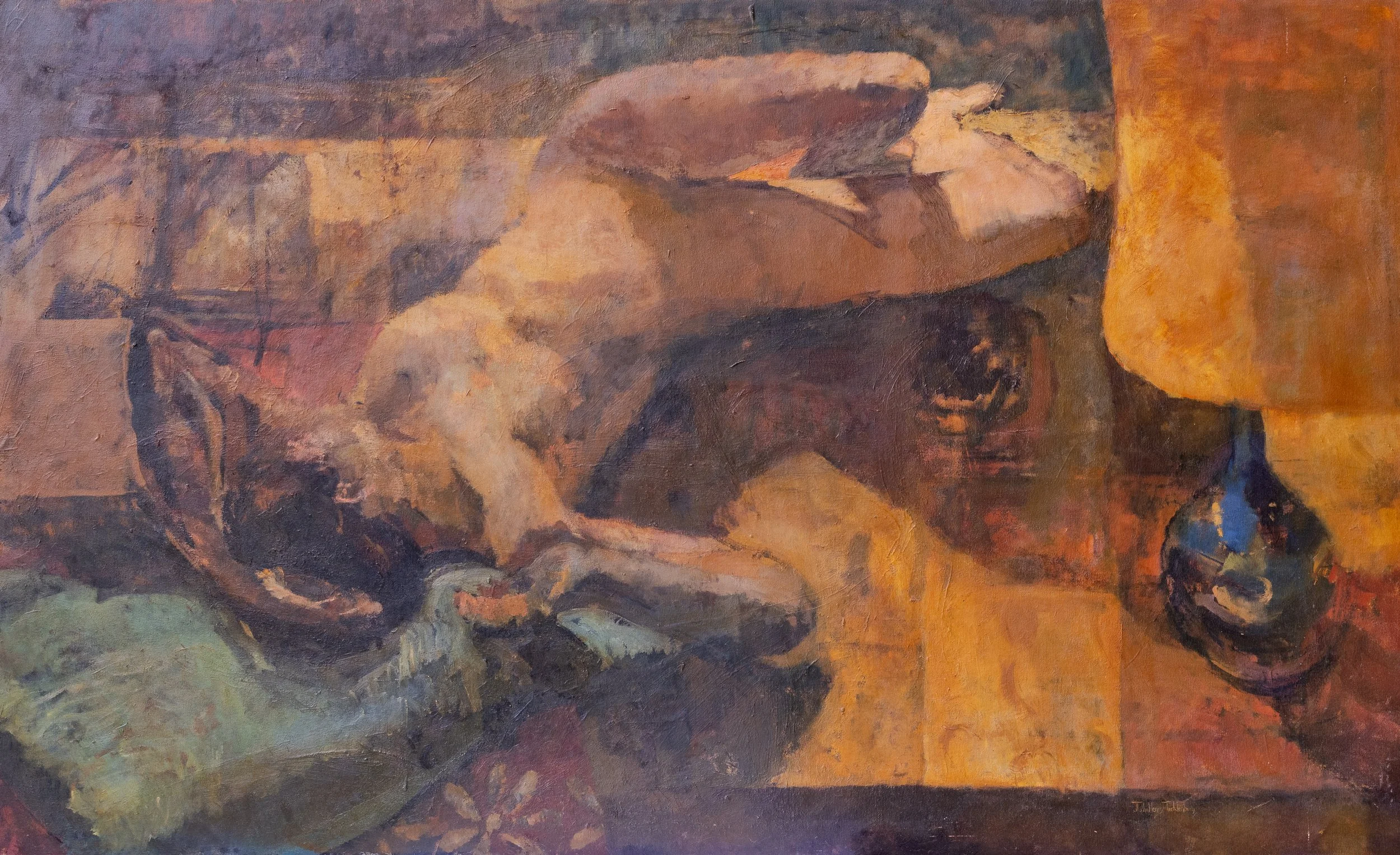 Reclining Figure with Blue lamp. 47"x78". Oil on canvas. 2018