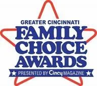 Logo for the Greater Cincinnati Family Choice Awards presented by Cincy Magazine, with a red star outline and blue text.