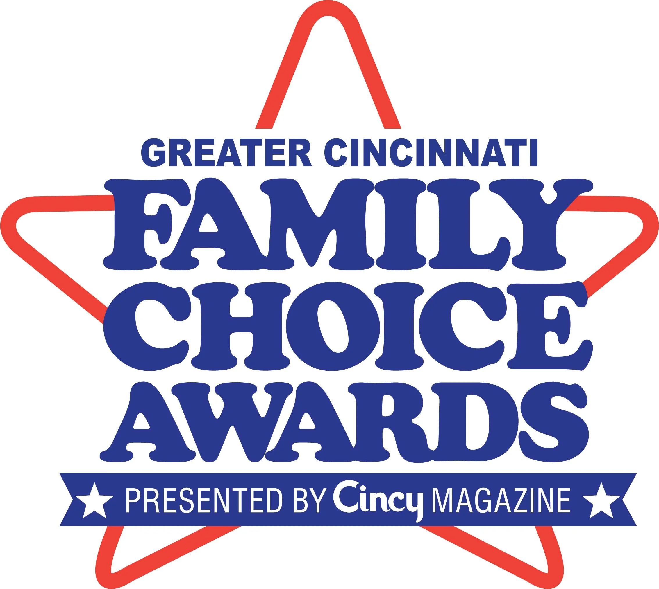 Logo for Greater Cincinnati Family Choice Awards, presented by Cincinnati Magazine, featuring a red star outline and blue text.