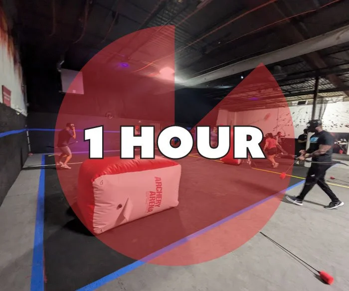 Indoor axe throwing alley with several people practicing, protective padding on the wall, and a large overlay text that says "1 HOUR."