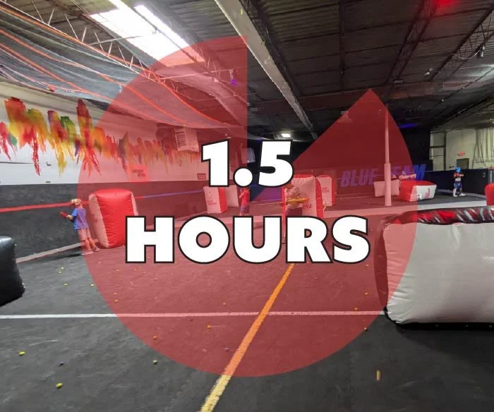 Indoor trampoline park with children playing and an overlay indicating 1.5 hours remaining.