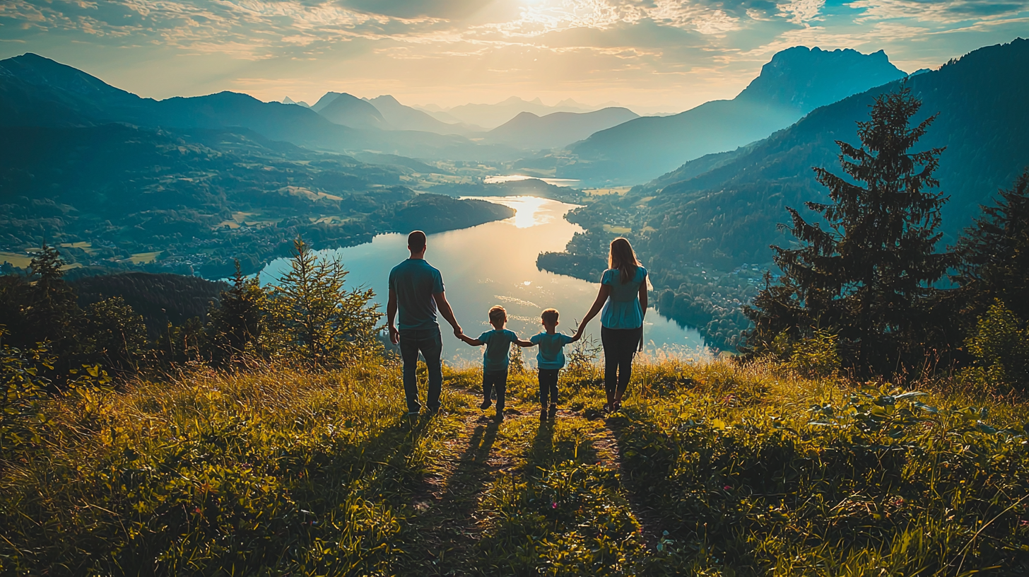 Familie som går hånd i hånd på en grønn ås med utsikt over en innsjø og fjell under en solnedgang.