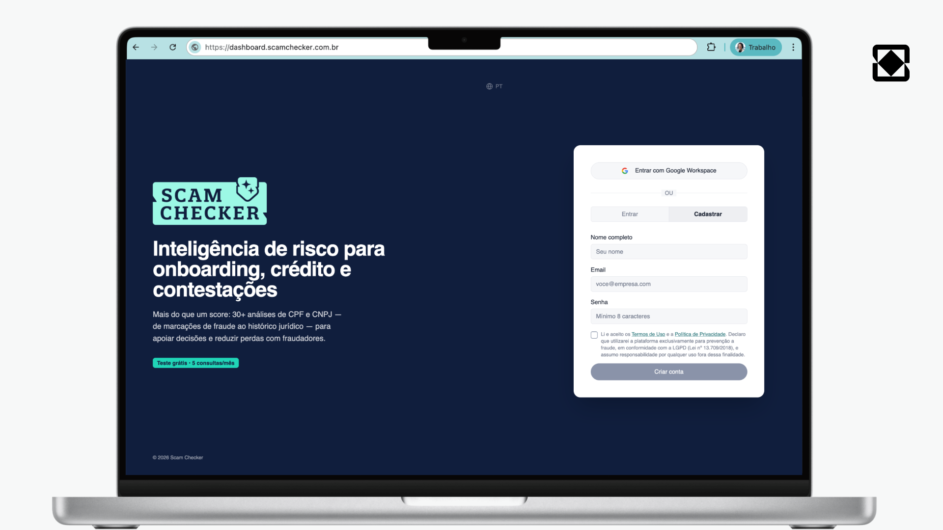 Dashboard do Scam Checker — login
