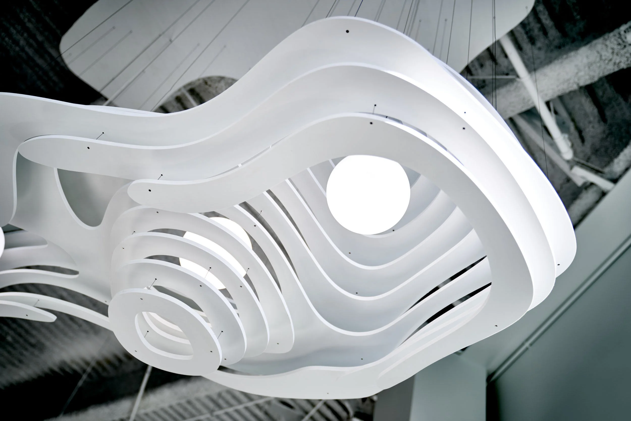 White topographic forms suspended overhead, creating a layered architectural chandelier in a San Diego office.
