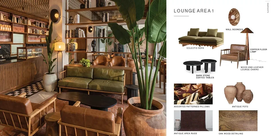 Base Pair Cafe lounge render paired with a furniture specification board of seating, tables and finishes.