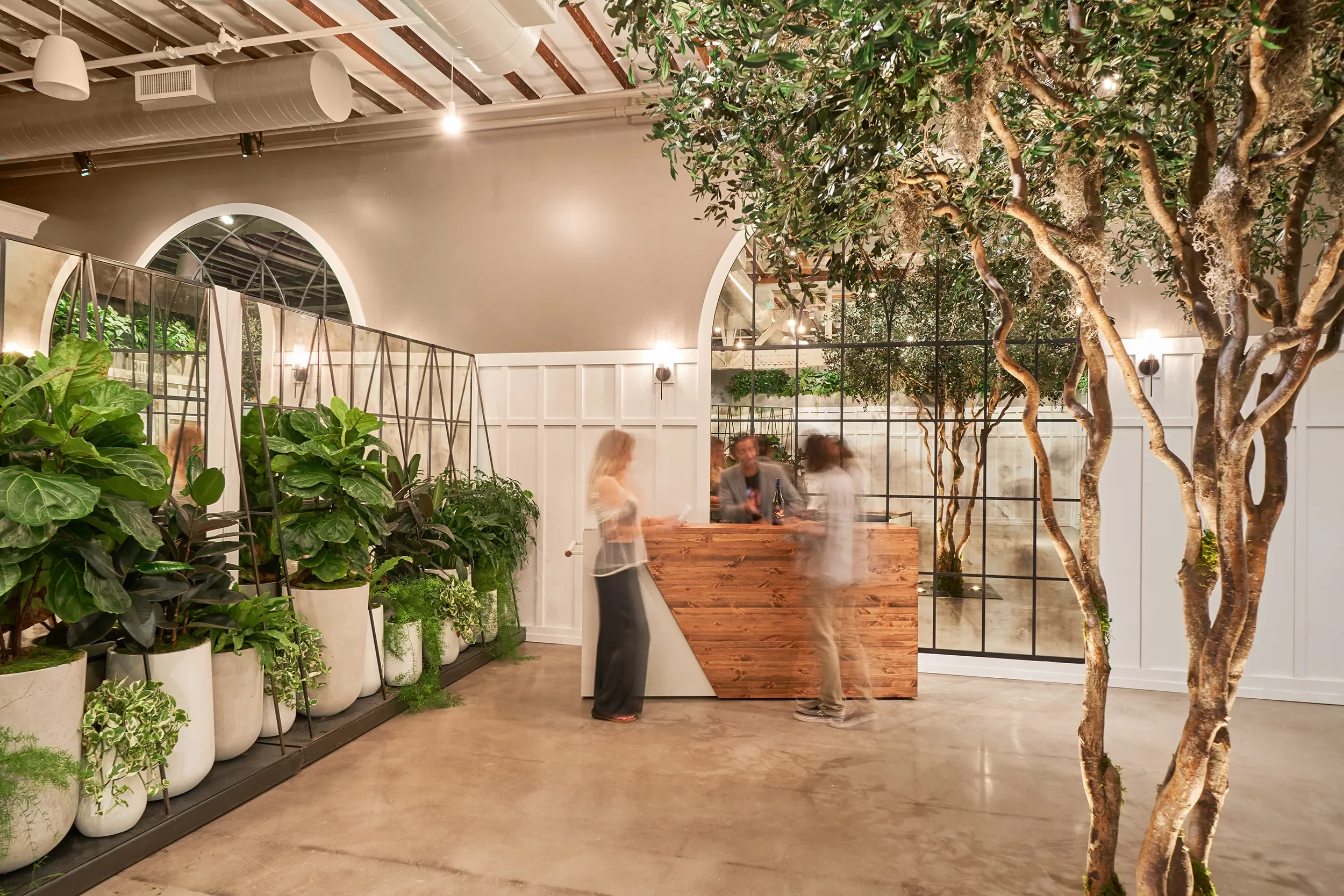 Timber mobile bar between planters and olive trees in the event space at Flora The Venue, La Jolla