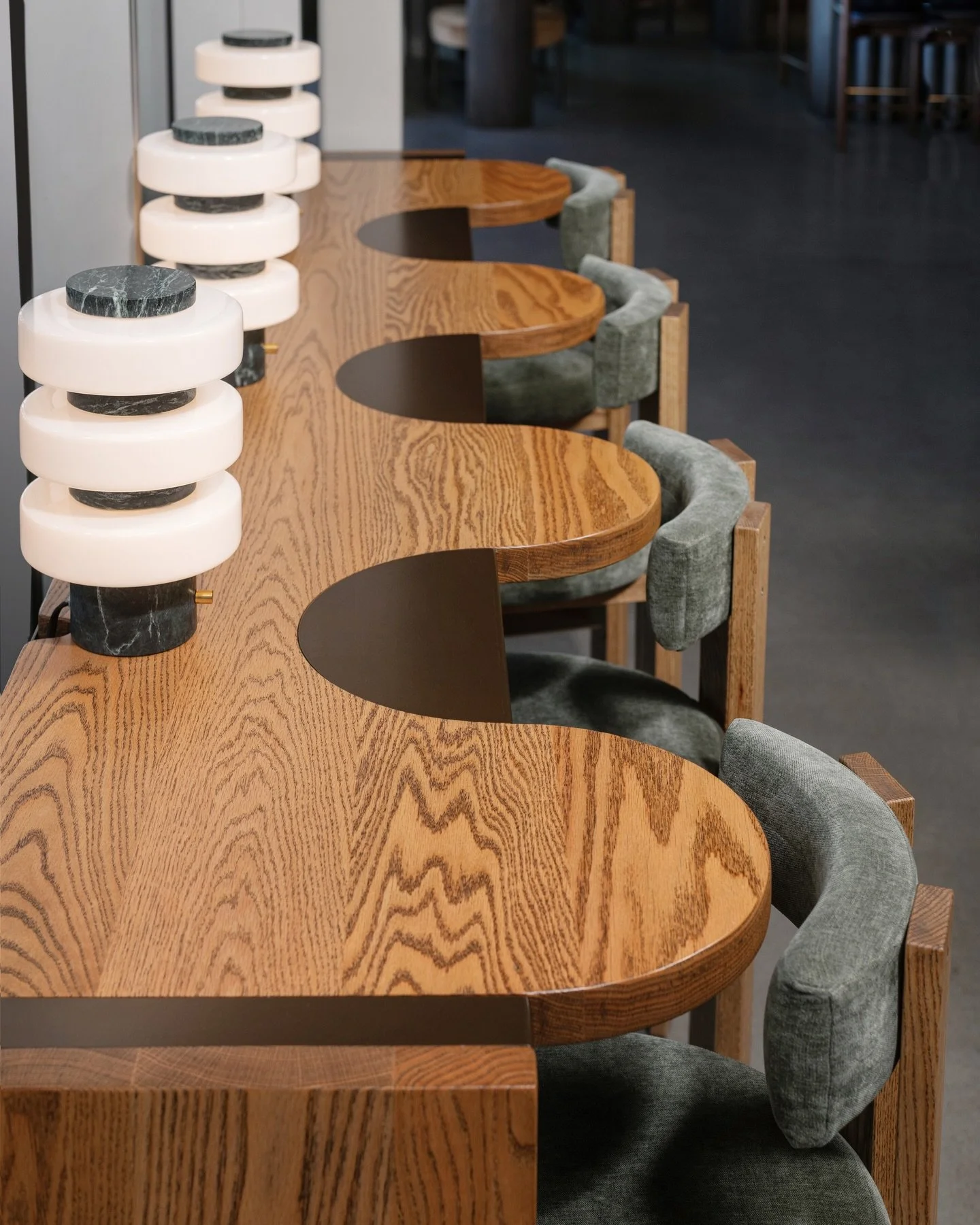 Custom chairs for @basepaircafe_3020 

Designed to carry the wavy language of the space into the seating, these chairs nest precisely into each hump of the drink for a tight, intentional fit.

The leg assembly is tied together with a steel plate that