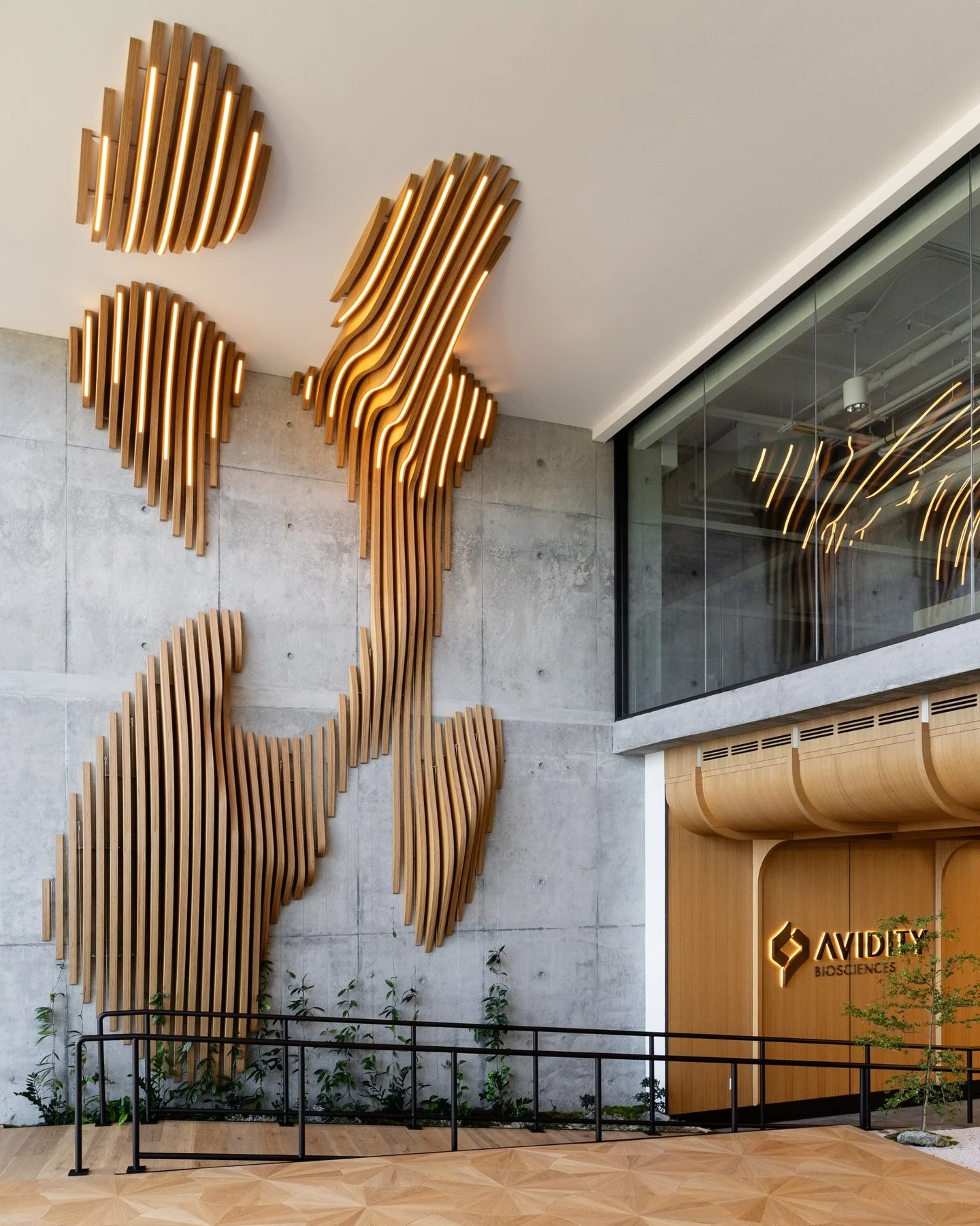 Parametric wood slat wall installed against a concrete surtace, using organic geometry to break up the rigidity of the base condition. 

Integrated lighting is concealed within the slats to provide subtle ambient glow. Planting is introduced at the b