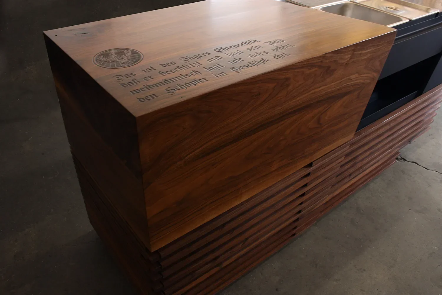 Custom mobile bar cart with engraved words for Jagermeister