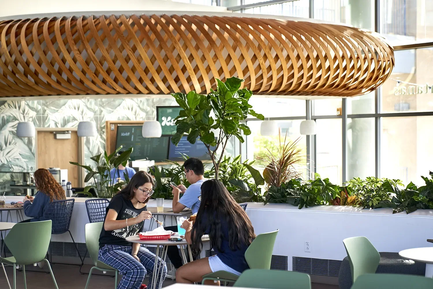 Woven wood cylindrical ceiling feature suspended above the cafeteria at UCSD