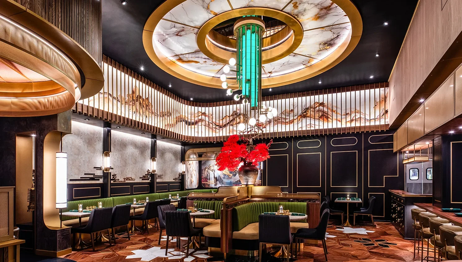 Illuminated circular ceiling oculus chandelier with brass rods and globe lights above a restaurant dining area