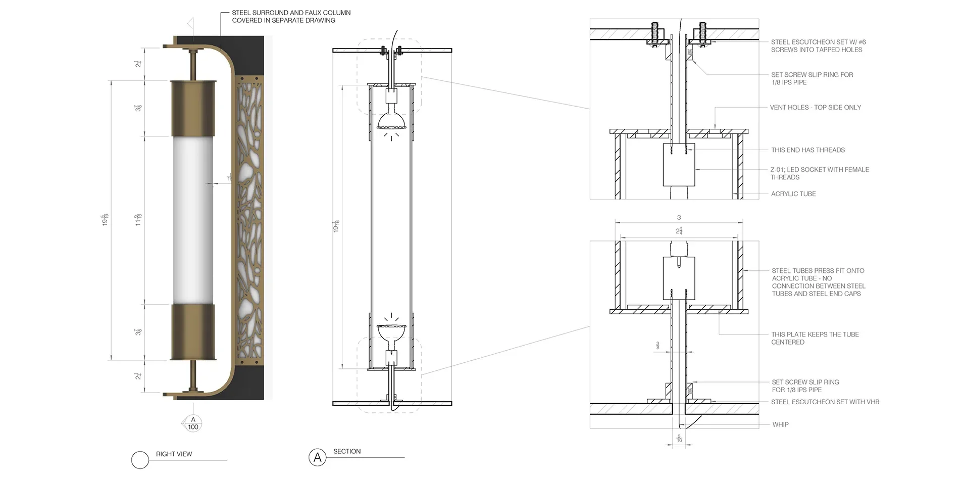 Shop drawing sheet with elevations and section details for a fabricated assembly