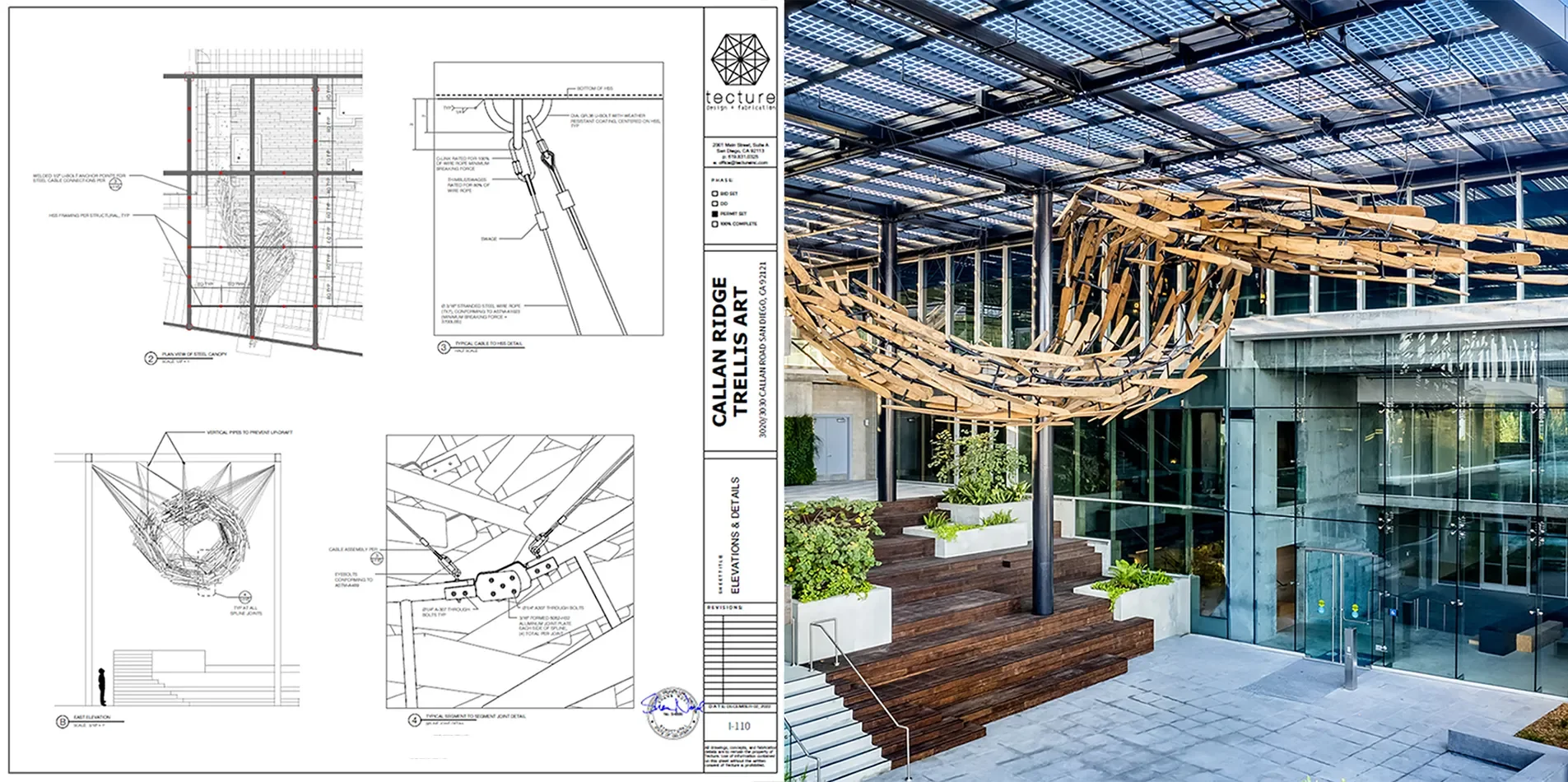 Engineering drawing beside the finished wood sculpture art installation in Torrey Pines