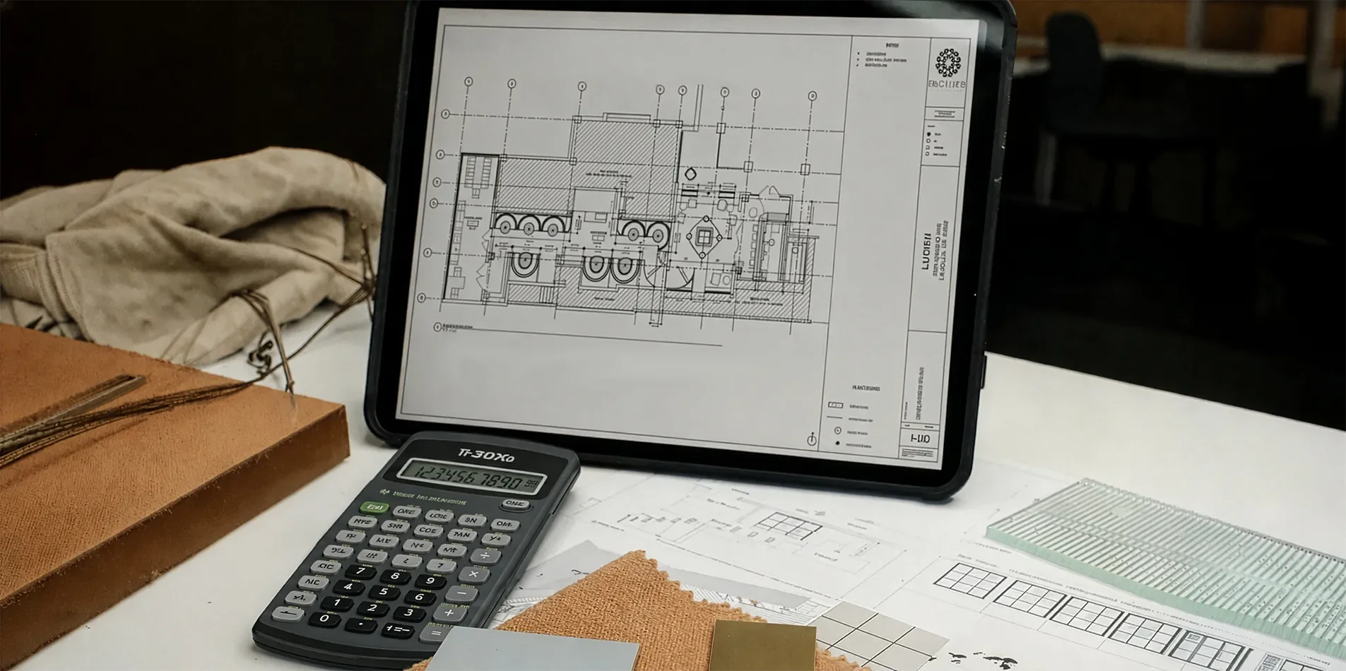 Floorplan drawing on an Ipad, calculator, estimate and material samples laid out on a desk during project review