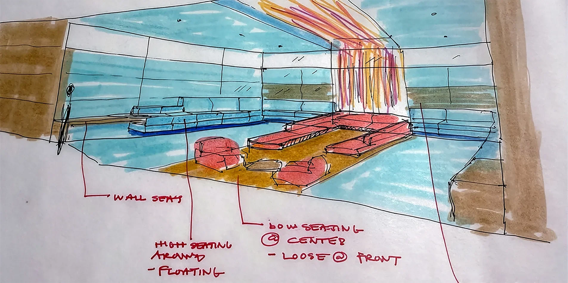 Hand-marked concept sketch of an interior space with fabrication notes explaining the concept