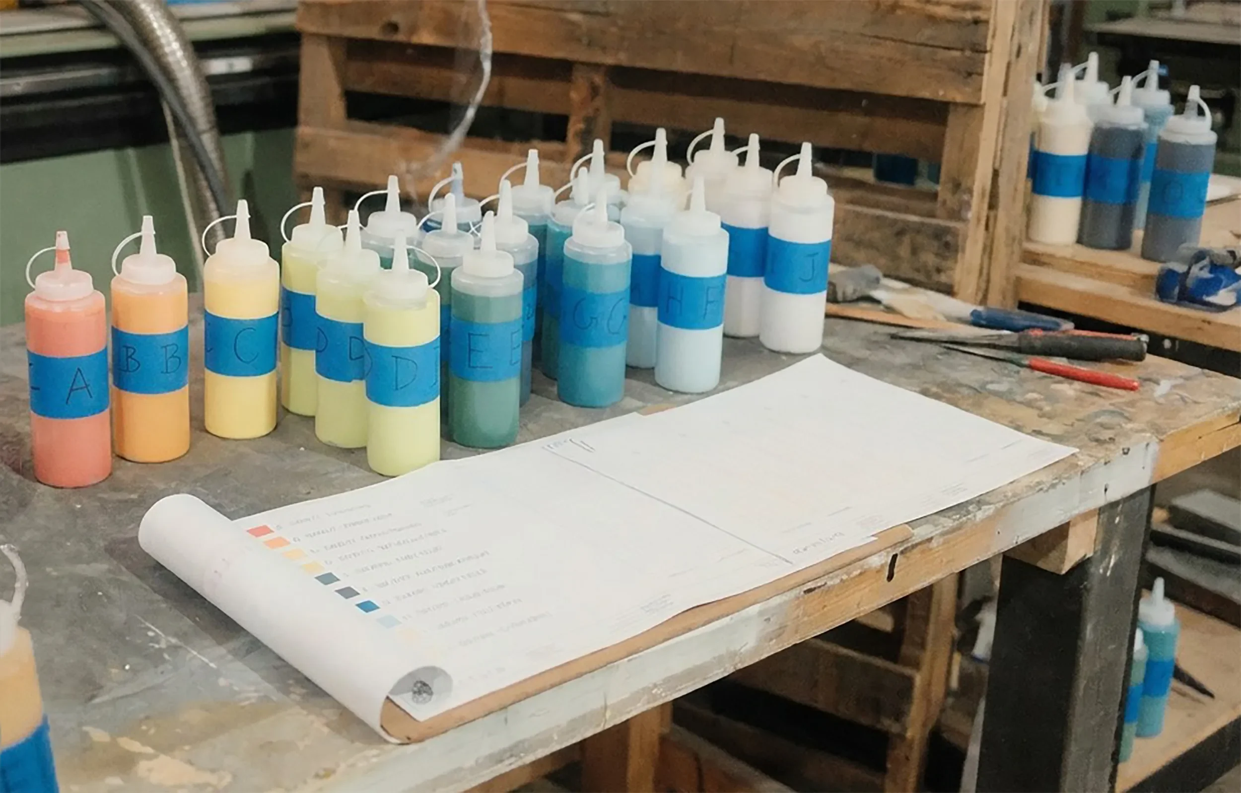 Lettered paint bottles and a color key drawing on a shop bench for the hand painted art installation Convergence